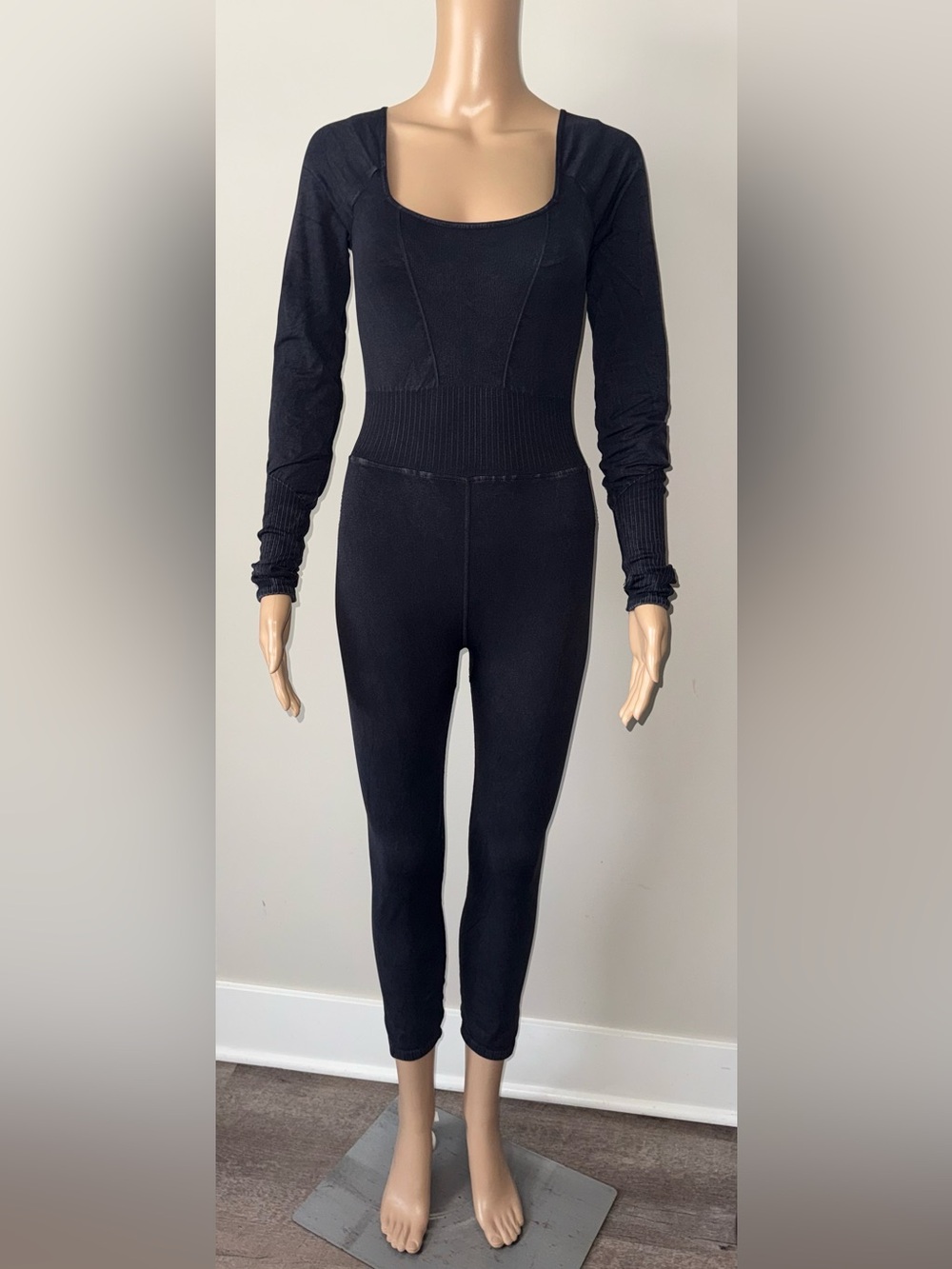 Free People Good Karma Black Ribbed Seamless Long-Sleeve Jumpsuit Legging